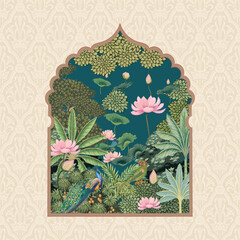 Mughal pichwai arch garden with bird, plant, lotus illustration border frame pattern