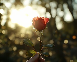 Poster - Single red rose held in hand, backlit by sunset.