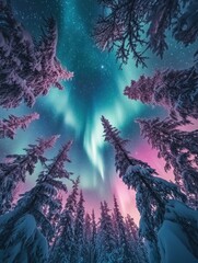 Wall Mural - the sky above the surreal forest is an impossible shade of pink casting an otherworldly glow over th