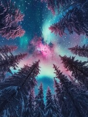 Wall Mural - the sky above the surreal forest is an impossible shade of pink casting an otherworldly glow over th