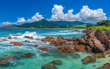 Poster - Idyllic tropical beach scene with turquoise water, rocky shore, and mountains.