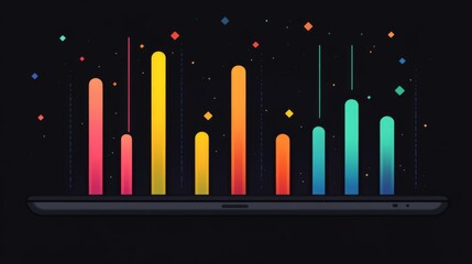 Poster - A sleek and modern financial bar graph displayed on a tablet screen with colorful bars showing fluctuations in the market over time