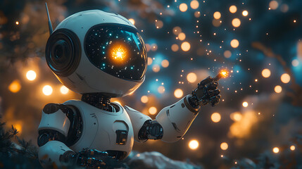 An Enthusiastic Robot Marveling at the Dazzling Night Sky Filled with Stars and Playful Whimsy