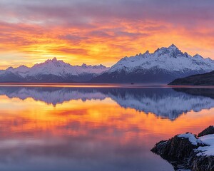 Poster - Fiery sunrise over snow-capped mountains reflected in a calm lake.