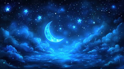 Wall Mural - a dreamy blue nightscape with a crescent moon stars and fluffy clouds. ideal for children's book ill