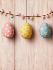 Wall Mural - Easter decor on a wooden background. Pattern.