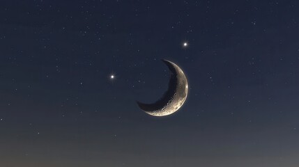 Wall Mural - a crescent moon shines brightly in the night sky accompanied by two stars. ideal for backgrounds, wa
