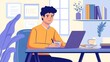 © aun - A man sitting at a desk with a cup of tea, focused on creating a personal development plan on his laptop, with books and a pen nearby