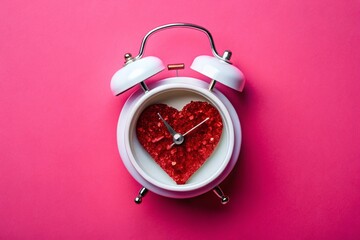 Wall Mural - Pink Background Alarm Clock Red Heart Valentine's Day Love Greeting Card Top View