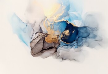 Aufkleber - Abstract ink painting with blue, gold, and gray swirls on a white background.