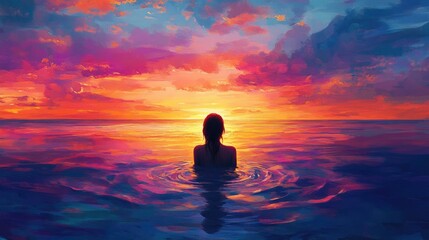 Poster - Vibrant sunset over the ocean with colorful reflections and silhouette of a woman immersed in serene waters creating a tranquil atmosphere