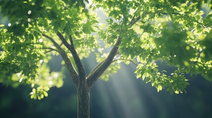 Fototapete - Radiant Green Maple Tree Bathed in Sunlight in Serene Nature Garden Setting