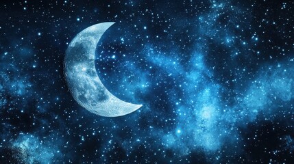 Wall Mural - a crescent moon against a backdrop of sparkling stars and blue nebulae. ideal for space-themed proje