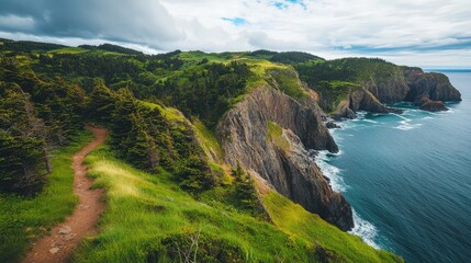 Poster - Scenic coastal hiking trail along steep cliffs with lush greenery and ocean views under a dramatic sky