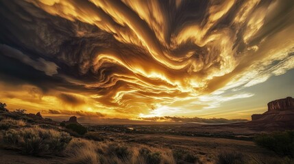 Aufkleber - Dramatic Cloud Formation Illuminated by Golden Sunset Over Scenic Landscape