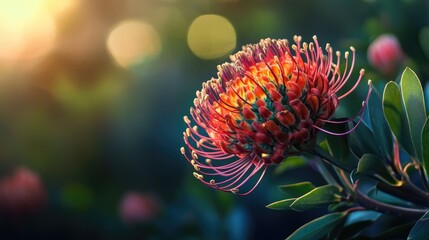Wall Mural - Vibrant close-up of a striking flower with colorful petals glowing in soft sunlight against a blurred natural backdrop