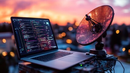 Laptop displaying code with satellite dish at sunset.