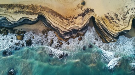 Aufkleber - Aerial view of distinctive sandstone formations meeting the ocean with waves crashing on the shore highlighting natural textures and patterns
