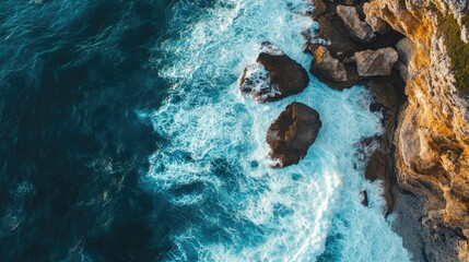 Leinwandbilder - Aerial view of dramatic ocean waves crashing on rugged cliffs and stones with serene copyspace ideal for text placement and branding.
