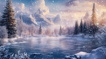 Aufkleber - Stunning winter wonderland featuring a frozen lake surrounded by snow-covered mountains and pine trees under a serene snowfall.