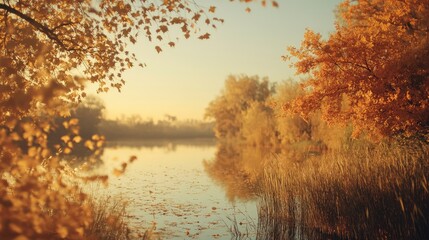 Poster - Serene golden autumn landscape with vibrant foliage reflecting on calm water creating a tranquil nature scene at sunrise