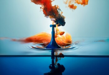 Poster - Blue and orange ink drops create an abstract pattern as they spread out in the water.