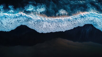 Leinwandbilder - Aerial view of dynamic ocean waves crashing on dark sandy beach with ample negative space for text or graphic design elements