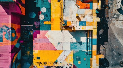 Poster - Aerial view of colorful street art murals showcasing vibrant patterns and textures with ample space for text or other graphic elements