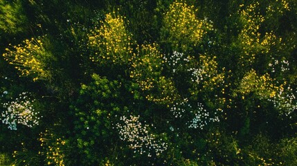 Poster - Aerial view of vibrant wildflower field at sunrise offering spacious copy area for creative text placement and design elements