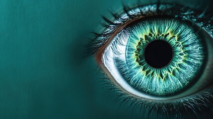 Aufkleber - Aerial view of a vibrant green human eye with intricate details and space for text placement in a visually striking close-up composition
