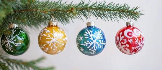 Poster - Hand painted glass Christmas ornaments with snowflakes hanging from fir tree branch for festive holiday greeting card design