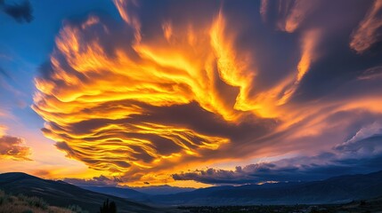 Fototapete - Dramatic sunset sky with vibrant orange clouds illuminating the horizon during evening light in serene landscape setting.