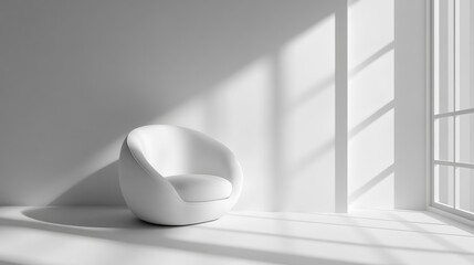 Leinwandbilder - Minimalist white chair in a spacious, well-lit room with empty walls and soft shadows creating a serene interior design atmosphere.