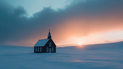 Aufkleber - Serene winter landscape featuring a quaint church surrounded by snow-covered terrain under a dramatic evening sky at sunset