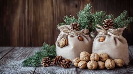 Aufkleber - Christmas nuts in burlap bags with pine branches and cones on rustic wooden background festive holiday arrangement selective focus storage