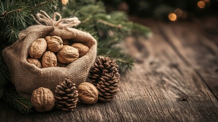 Poster - New Year and Christmas decoration with nuts in burlap sacks surrounded by fir branches and pine cones on rustic wooden background