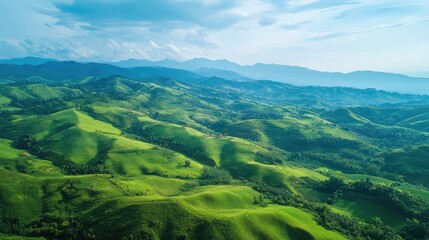 Poster - Aerial view of lush green hills and valleys under a clear sky ideal for nature backgrounds and text overlays