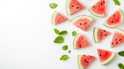 Leinwandbilder - Aerial View of Fresh Watermelon Slices and Mint Leaves Arranged on White Background with Space for Text or Creative Design