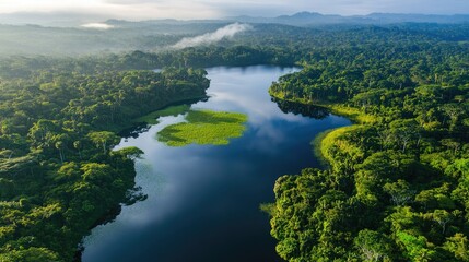 Poster - Aerial panorama showcasing serene lakes embraced by lush green forests under soft morning light