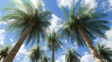 Aufkleber - Lush date palm trees against a vibrant blue sky with fluffy clouds creating a serene tropical atmosphere.