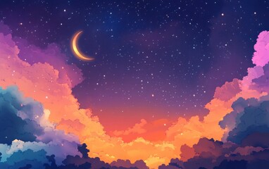 beautiful night sky with a crescent moon and stars, and sunset clouds. this background is suitable f