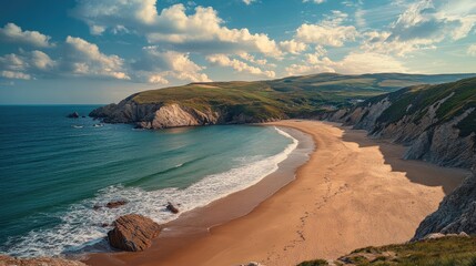 Aufkleber - Scenic coastal landscape featuring a sandy beach, serene sea bay, and rolling hills under a vibrant sky
