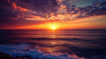 Aufkleber - Breathtaking ocean sunset with vibrant colors and dramatic clouds reflecting on calm waters