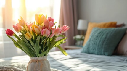 Aufkleber - Bright and cheerful tulip bouquet in a sunny, stylish bedroom creating a warm and inviting atmosphere for relaxation and comfort