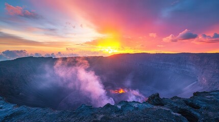Fototapete - Stunning vibrant sunrise over a volcano with multicolored clouds and mist creating a dramatic landscape ideal for text and signage placement