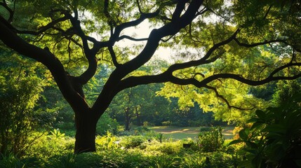 Poster - Serene green garden landscape featuring a majestic tree with sprawling branches and lush vegetation in warm natural light.