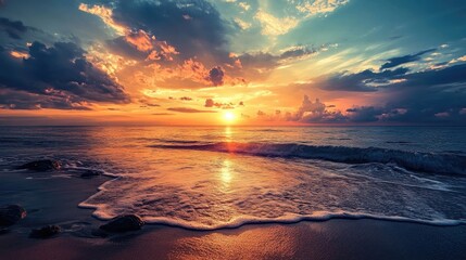 Aufkleber - Serene Sunset Over Calm Ocean Waves with Colorful Sky and Clouds in Panoramic View