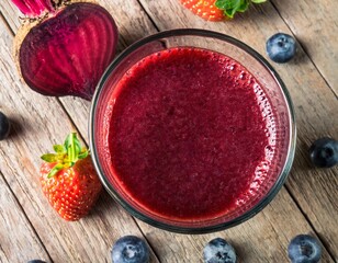 Wall Mural - Glass of beetroot and berry boost juice on rustic wooden table