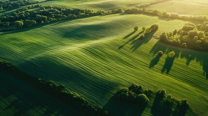 Poster - Aerial view of lush green fields and rolling hills showcasing natural shadows with ample space for text overlay in serene landscape settings
