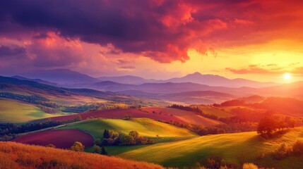 Poster - Stunning aerial view of a vibrant sunset over rolling hills and colorful fields in a serene rural landscape